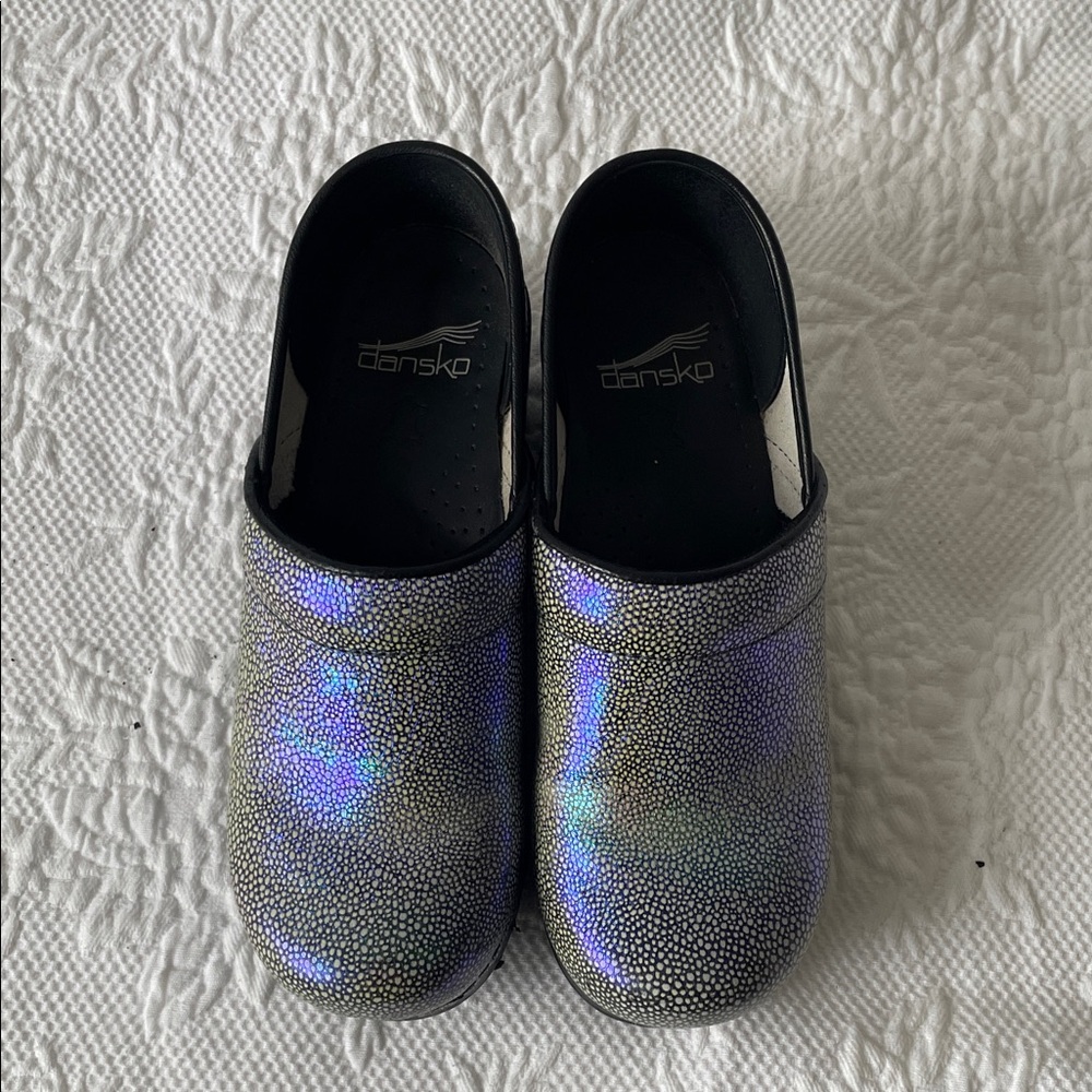 Dansko Black and Iridescent Clogs